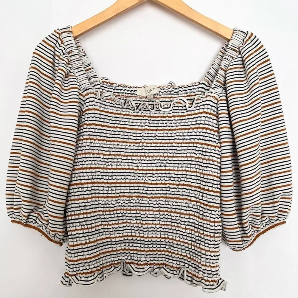 Loft Square Neck Smocked Blouse 3/4 Puff Sleeves Ruffle Trim Size XS White Multi